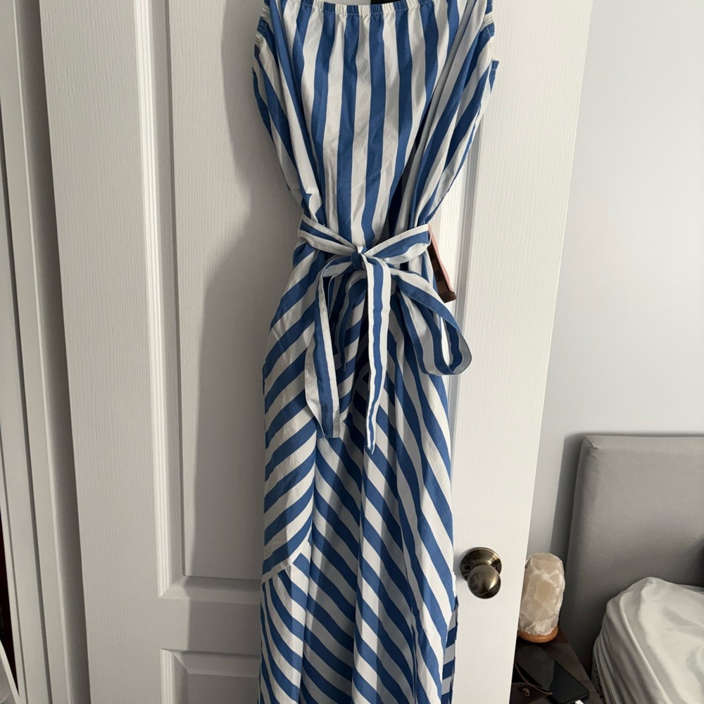 GAP Blue and White Diagonal Striped Maxi Dress